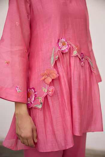 Shop_Beige_Pink Chanderi, Cotton Satin Embroidery, Sequins, Beads, Mul Top And Pant Set 