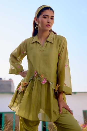 Beige_Olive Green Chanderi, Cotton Satin Embroidery, Sequins, Floral Top And Pant Set _Online_at_Aza_Fashions