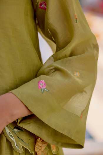 Buy_Beige_Olive Green Chanderi, Cotton Satin Embroidery, Sequins, Floral Top And Pant Set _Online_at_Aza_Fashions