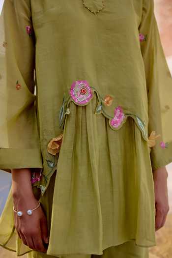 Shop_Beige_Olive Green Chanderi, Cotton Satin Embroidery, Sequins, Floral Top And Pant Set _Online_at_Aza_Fashions