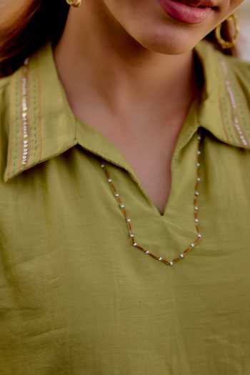 Beige_Olive Green Chanderi, Cotton Satin Embroidery, Sequins, Floral Top And Pant Set _at_Aza_Fashions