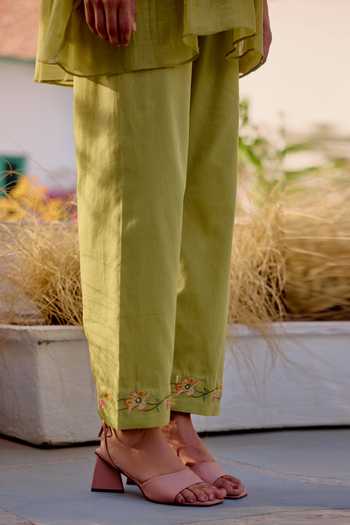Buy_Beige_Olive Green Chanderi, Cotton Satin Embroidery, Sequins, Floral Top And Pant Set 