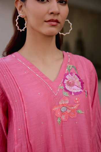 Beige_Pink Chanderi, Cotton Satin Sequins, Beads Mul Top And Pant Set _Online_at_Aza_Fashions