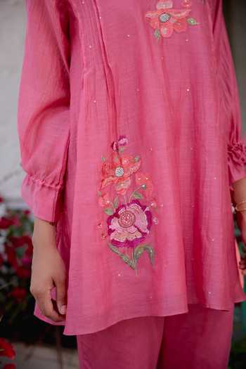 Buy_Beige_Pink Chanderi, Cotton Satin Sequins, Beads Mul Top And Pant Set _Online_at_Aza_Fashions