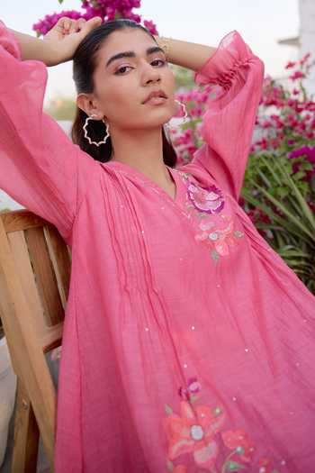 Shop_Beige_Pink Chanderi, Cotton Satin Sequins, Beads Mul Top And Pant Set _Online_at_Aza_Fashions