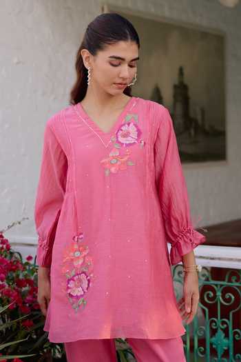 Shop_Beige_Pink Chanderi, Cotton Satin Sequins, Beads Mul Top And Pant Set 