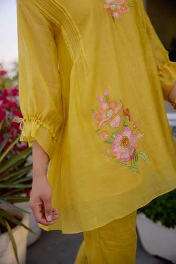 Beige_Yellow Chanderi, Cotton Satin Embroidery, Mul Top And Pant Set _Online_at_Aza_Fashions