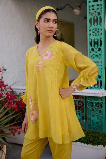 Beige_Yellow Chanderi, Cotton Satin Embroidery, Mul Top And Pant Set _at_Aza_Fashions