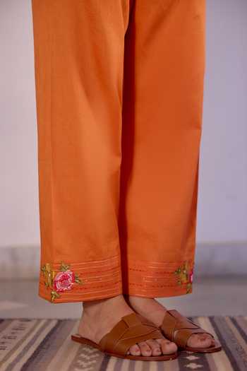 Beige_Orange Chanderi, Cotton Satin Embroidery, Sequins, Pure Mul Top And Pant Set _Online_at_Aza_Fashions