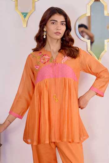 Buy_Beige_Orange Chanderi, Cotton Satin Embroidery, Sequins, Pure Mul Top And Pant Set _Online_at_Aza_Fashions