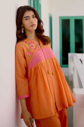 Shop_Beige_Orange Chanderi, Cotton Satin Embroidery, Sequins, Pure Mul Top And Pant Set _Online_at_Aza_Fashions