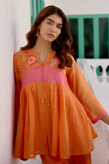 Beige_Orange Chanderi, Cotton Satin Embroidery, Sequins, Pure Mul Top And Pant Set _at_Aza_Fashions