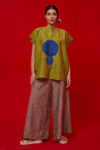 Stoique_Blue Silk Embroidery, Patchwork High Neck Lane Top _Online_at_Aza_Fashions