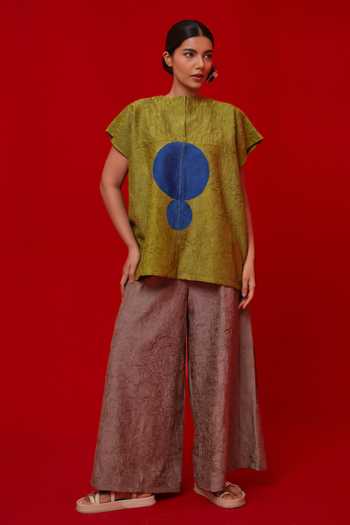 Shop_Stoique_Blue Silk Embroidery, Patchwork High Neck Lane Top _Online_at_Aza_Fashions
