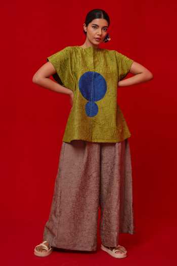 Buy_Stoique_Blue Silk Embroidery, Patchwork High Neck Lane Top 