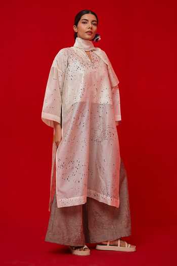 Shop_Stoique_Ivory Silk, Chanderi Split V-neck Printed Tunic _Online_at_Aza_Fashions