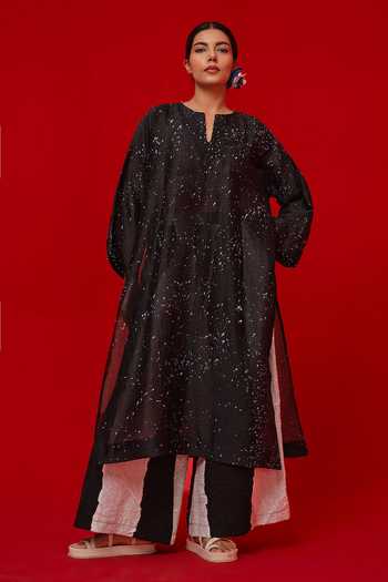 Buy_Stoique_Black Silk, Chanderi Split V-neck Seek Splatter Print Tunic _Online_at_Aza_Fashions