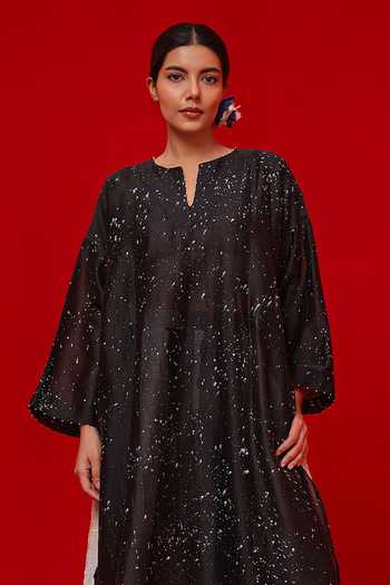 Shop_Stoique_Black Silk, Chanderi Split V-neck Seek Splatter Print Tunic _Online_at_Aza_Fashions