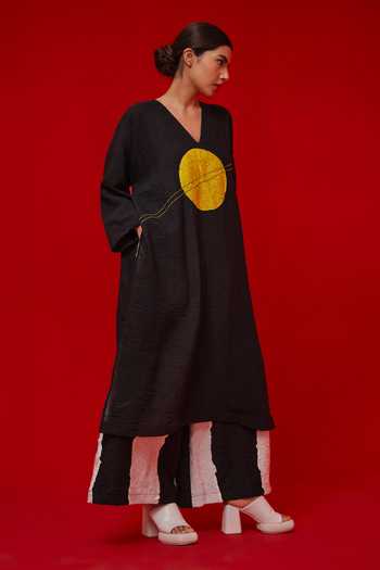 Stoique_Black Linen Embroidery V-neck Rock Salt Tunic _Online_at_Aza_Fashions