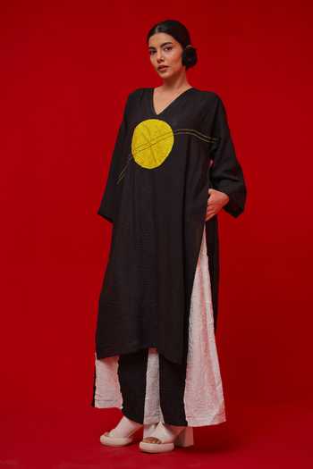 Shop_Stoique_Black Linen Embroidery V-neck Rock Salt Tunic _Online_at_Aza_Fashions