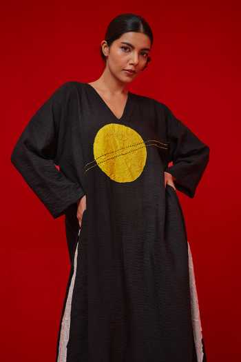 Stoique_Black Linen Embroidery V-neck Rock Salt Tunic _at_Aza_Fashions
