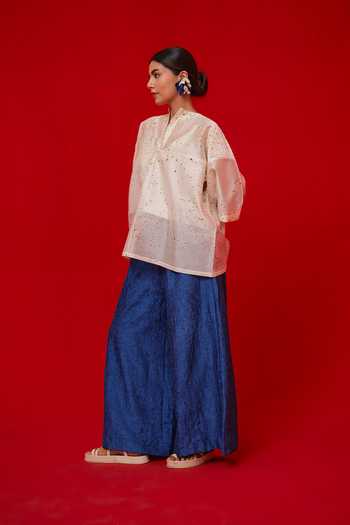 Stoique_Yellow Silk, Chanderi Mandarin Collar Printed Top _Online_at_Aza_Fashions