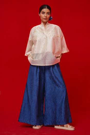 Buy_Stoique_Yellow Silk, Chanderi Mandarin Collar Printed Top _Online_at_Aza_Fashions