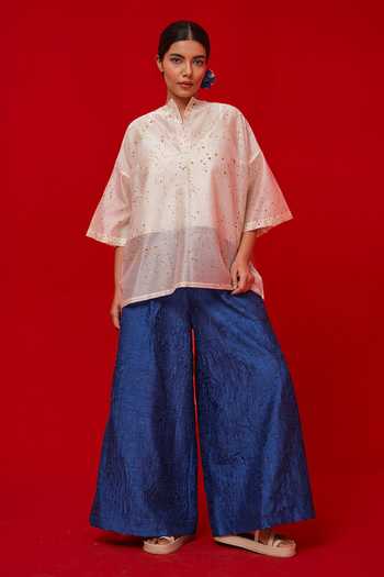 Shop_Stoique_Yellow Silk, Chanderi Mandarin Collar Printed Top _Online_at_Aza_Fashions