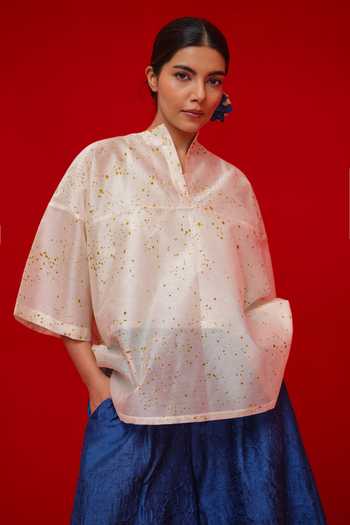 Stoique_Yellow Silk, Chanderi Mandarin Collar Printed Top _at_Aza_Fashions