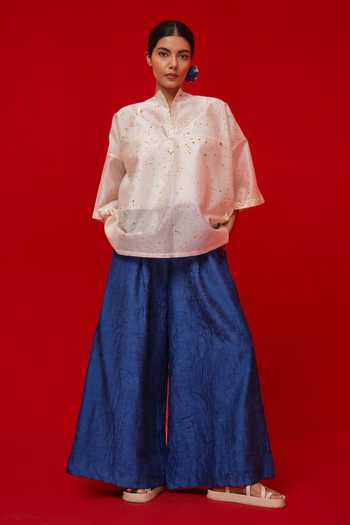 Stoique_Blue Silk Root Textured Pattern Palazzo _Online_at_Aza_Fashions