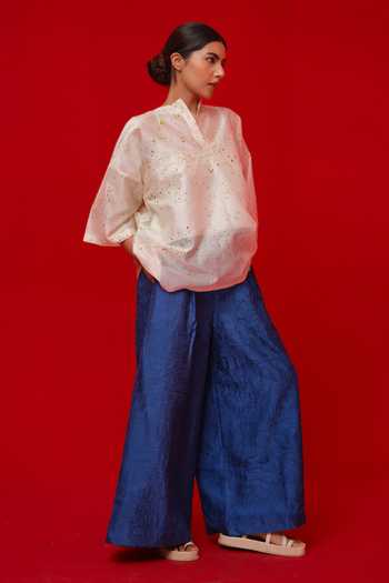 Shop_Stoique_Blue Silk Root Textured Pattern Palazzo _Online_at_Aza_Fashions