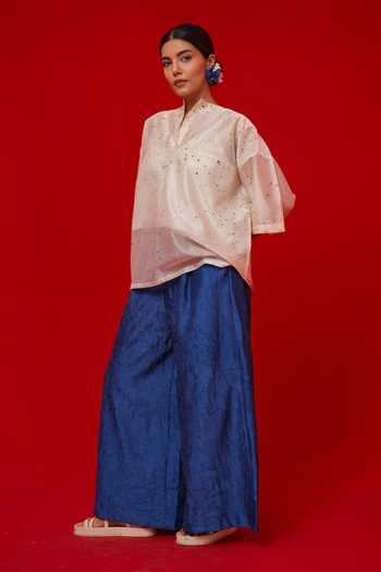 Stoique_Blue Silk Root Textured Pattern Palazzo _at_Aza_Fashions