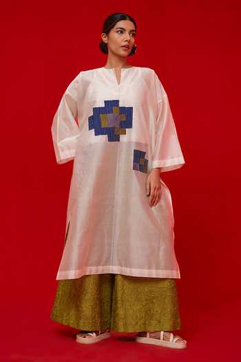 Shop_Stoique_Ivory Silk, Chanderi Patchwork Split V-neck Grace Embroidered Tunic 