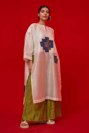 Stoique_Green Silk Embroidery, Applique Root Textured Palazzo _Online_at_Aza_Fashions