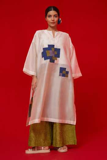 Shop_Stoique_Green Silk Embroidery, Applique Root Textured Palazzo _Online_at_Aza_Fashions