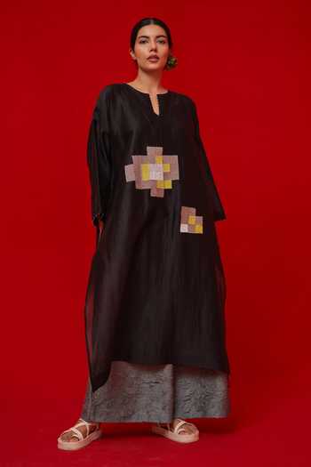 Buy_Stoique_Black Silk, Chanderi Embroidery Split V-neck Trace Tunic _Online_at_Aza_Fashions