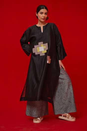 Stoique_Black Silk, Chanderi Embroidery Split V-neck Trace Tunic _at_Aza_Fashions