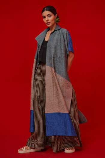 Stoique_Blue Silk V-neck Awaken Colorblock Tunic _Online_at_Aza_Fashions