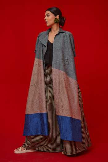 Shop_Stoique_Blue Silk V-neck Awaken Colorblock Tunic _Online_at_Aza_Fashions