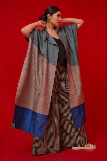 Stoique_Blue Silk V-neck Awaken Colorblock Tunic _at_Aza_Fashions