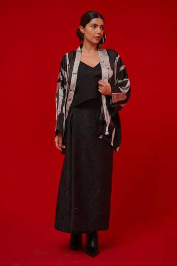 Stoique_Black Satin Shawl Neck Discover Print Overlay Jacket _Online_at_Aza_Fashions