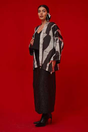 Buy_Stoique_Black Satin Shawl Neck Discover Print Overlay Jacket _Online_at_Aza_Fashions