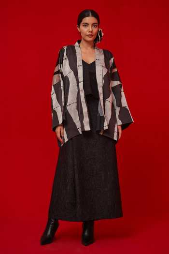 Shop_Stoique_Black Satin Shawl Neck Discover Print Overlay Jacket _Online_at_Aza_Fashions