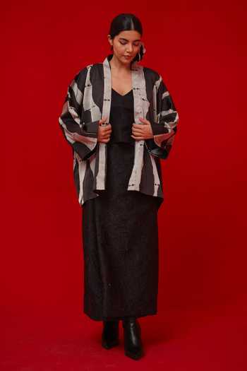 Stoique_Black Satin Shawl Neck Discover Print Overlay Jacket _at_Aza_Fashions