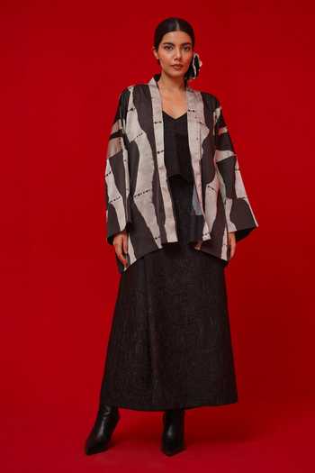 Stoique_Black Silk V-neck Eclipse Pleated Top _Online_at_Aza_Fashions