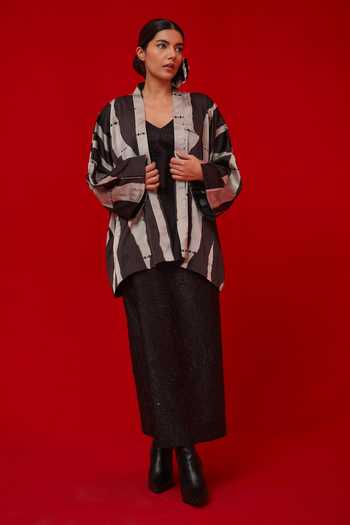 Shop_Stoique_Black Silk V-neck Eclipse Pleated Top _Online_at_Aza_Fashions