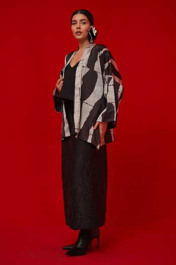 Stoique_Black Silk V-neck Eclipse Pleated Top _at_Aza_Fashions