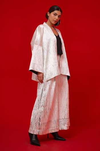 Stoique_White Silk Shawl Neck Muse Stripe Pattern Overlay Jacket _Online_at_Aza_Fashions