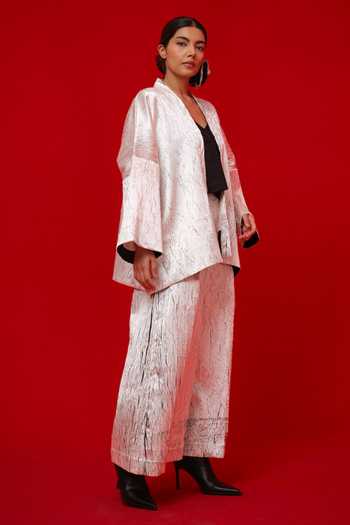 Buy_Stoique_White Silk Shawl Neck Muse Stripe Pattern Overlay Jacket _Online_at_Aza_Fashions