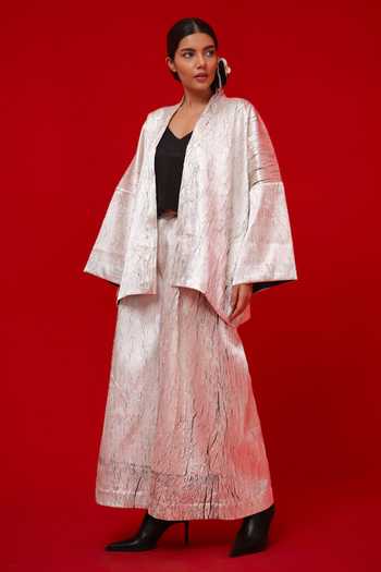 Shop_Stoique_White Silk Shawl Neck Muse Stripe Pattern Overlay Jacket _Online_at_Aza_Fashions